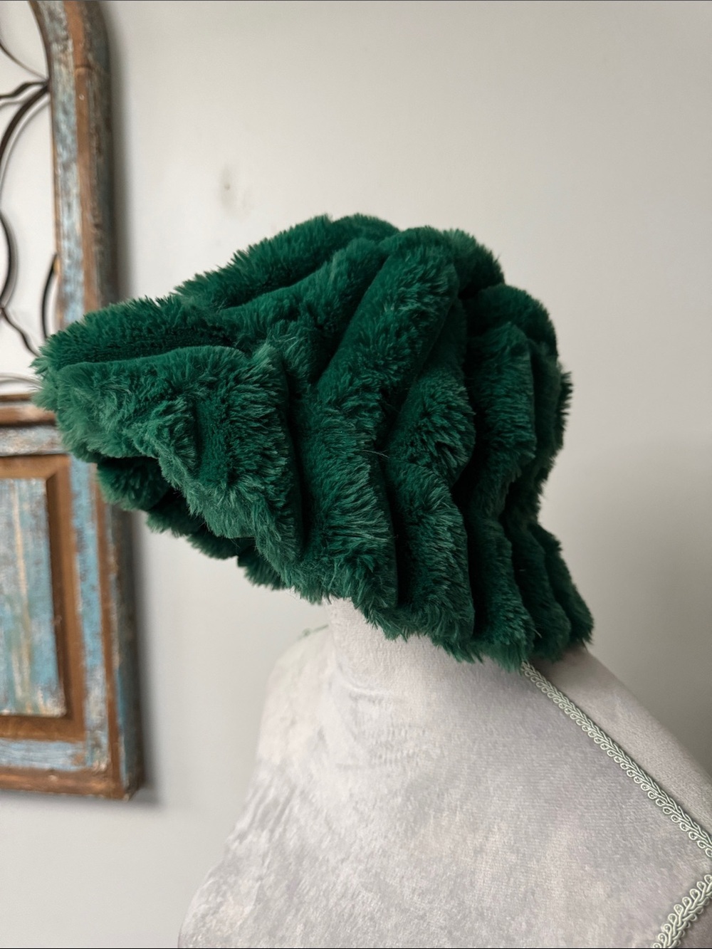 Plush Forest Green Faux Fur Slouch Beanie - Women